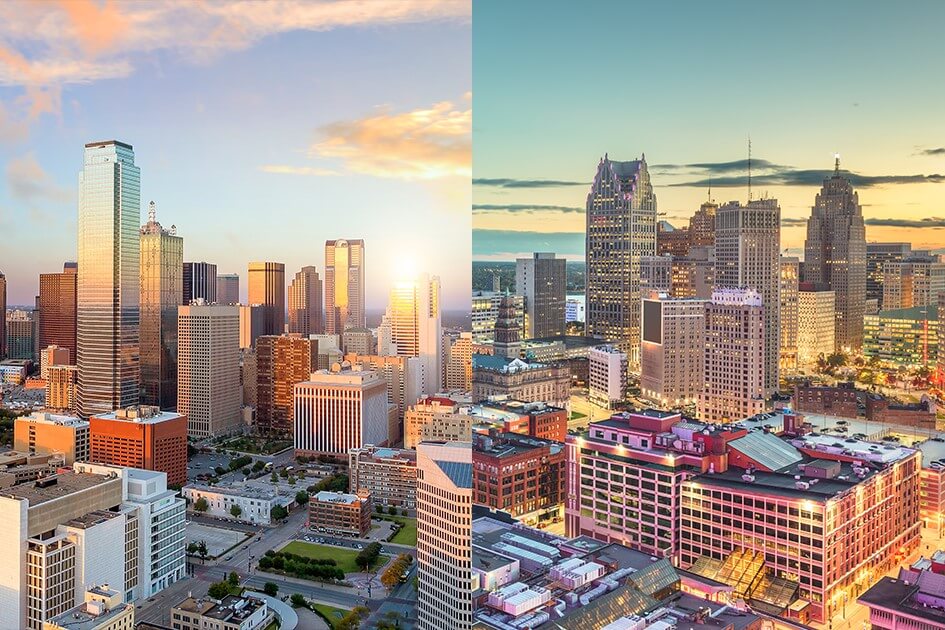 Photograph in two halves. The left hand side shows the Detroit skyline. The photograph on the left shows the Dallas skyline.