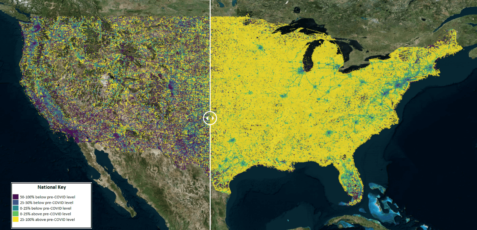 Example of INRIX data visualization on a map of the United States. The image on the left reflects the lower than usual traffic movement at the height of lockdown, while the image on the right shows the impact once lockdowns began lifting.