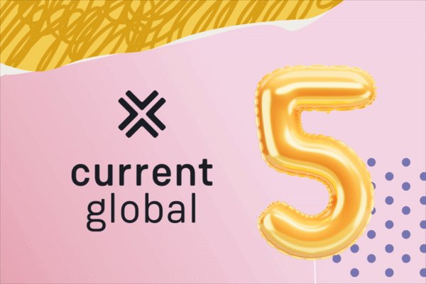 Animiertes Bild von Current Global Logo und hüpfendem 5. Geburtstagsballon.