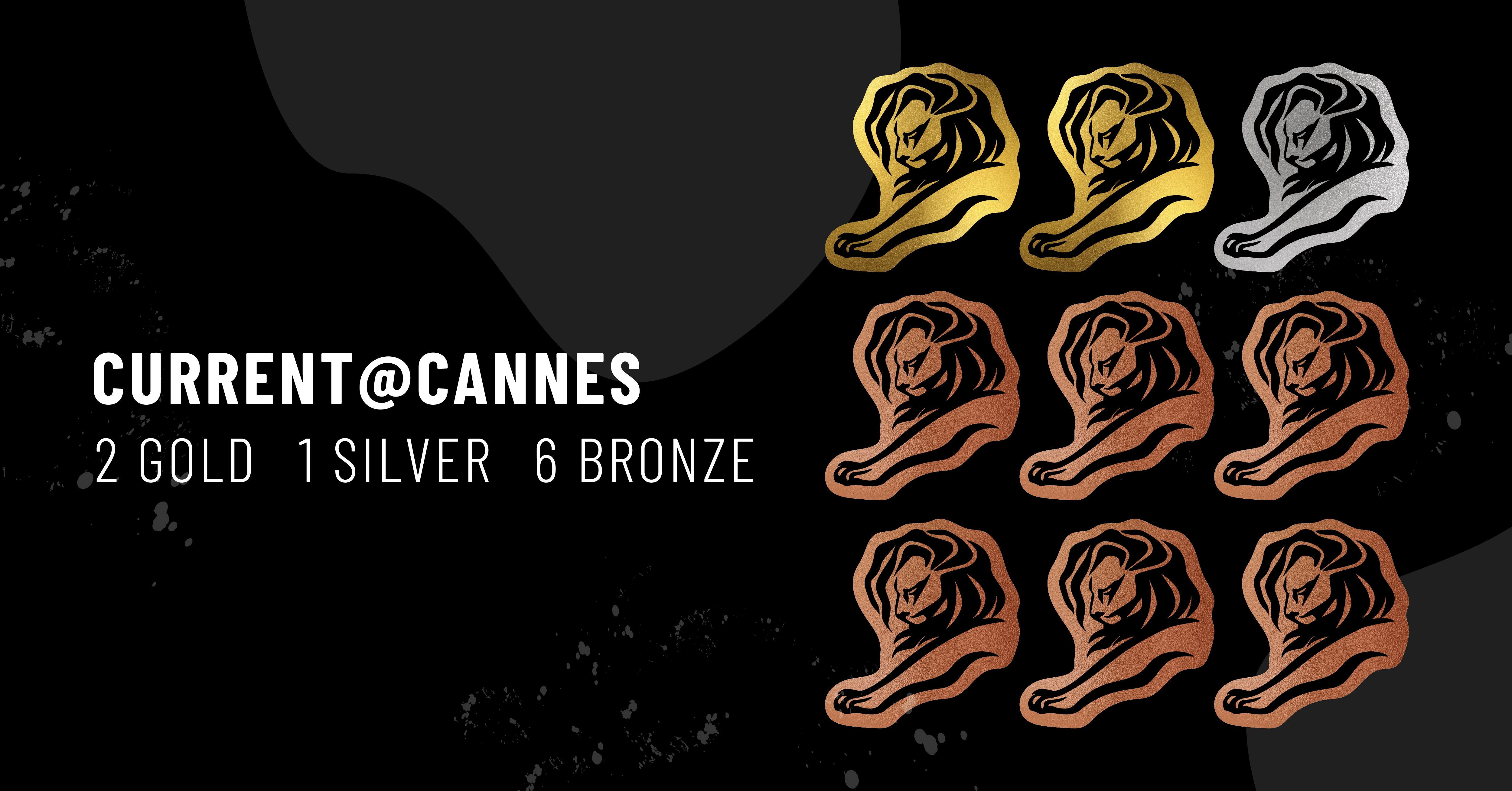 Das Bild zeigt 9 Cannes-Lions-Symbole mit Text, der lautet: Current @ Cannes - 2 Gold, 1 Silver, 6 Bronze.