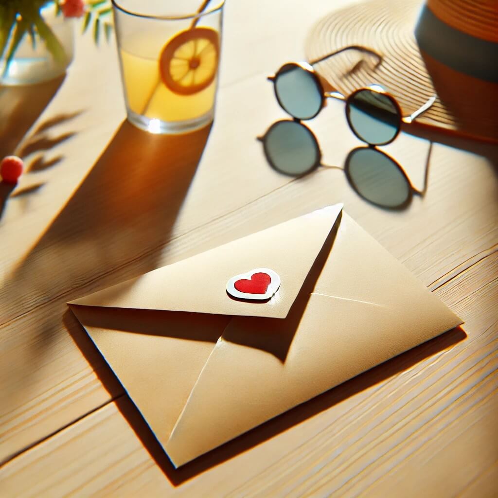 A brown envelope with a heart on the flap. The envelope is on a wooden desk with a pair of sunglasses and cocktail next to it.