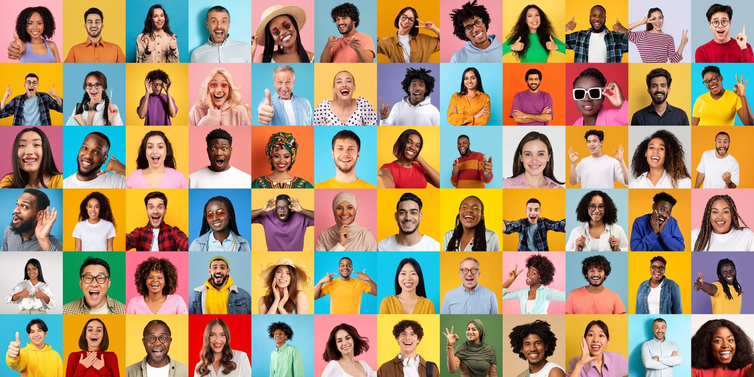 A cheerful grid of diverse individuals all radiating happiness with their bright smiles against unique colorful backgrounds.